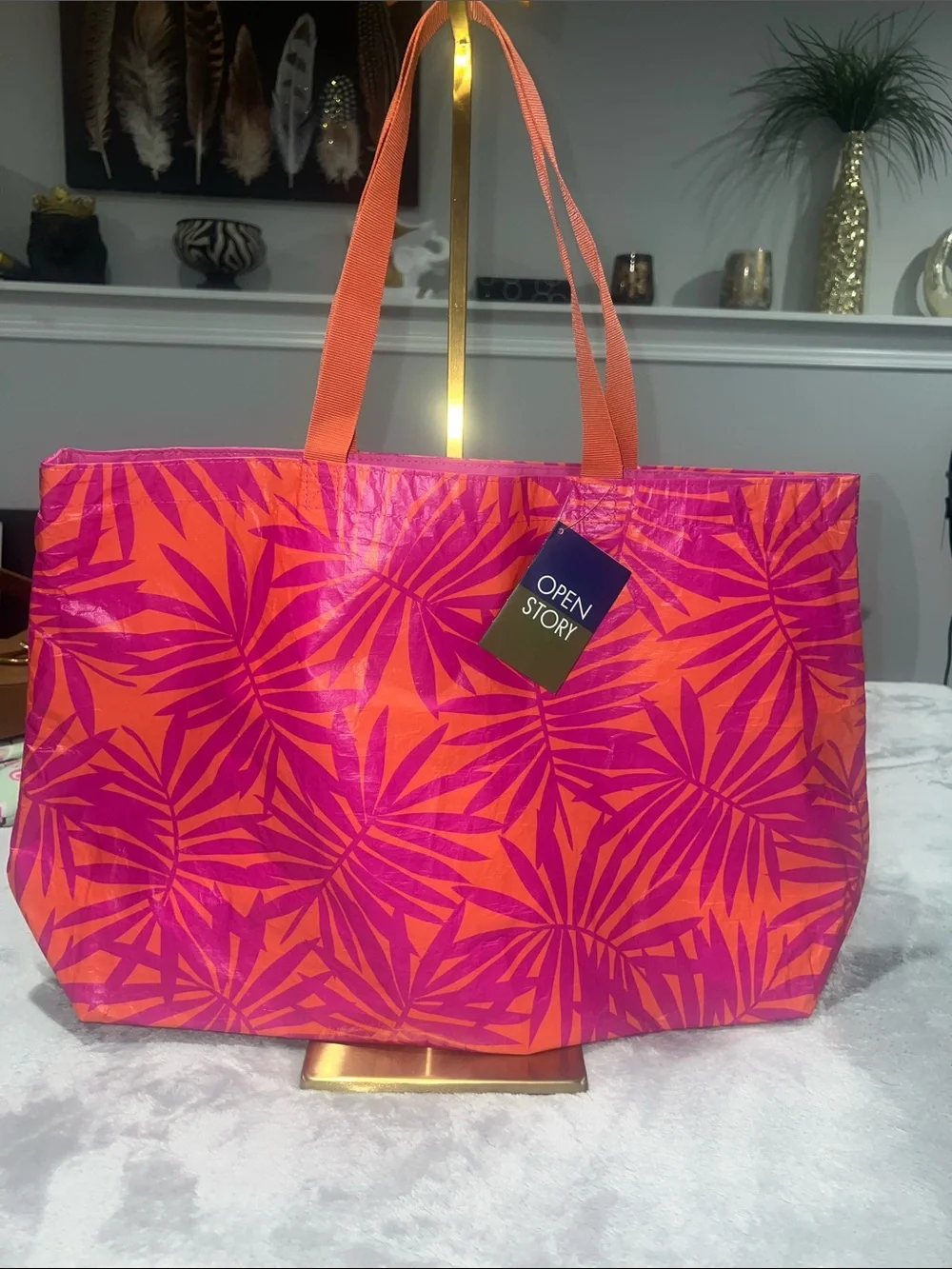 Open Story Water Resistant Reversible Tote Bag in the Pink/Coral Palm Leaves